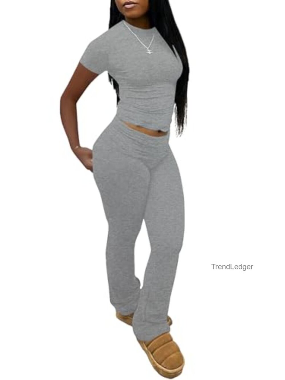 Women's 2 Piece Lounge Set Crop Top High Waist Foldover Flare Leggings Casual